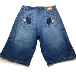 Y2k NSI Shorts Mens 36 Blue Denim 100% Cotton Casual 5 Pockets Embroidered